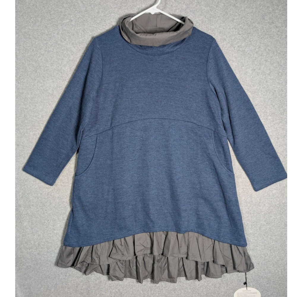 Mori Kei Tunic‎ Dress Lagenlook Ruffle Hem Funnel Neck Pockets Womens Medium